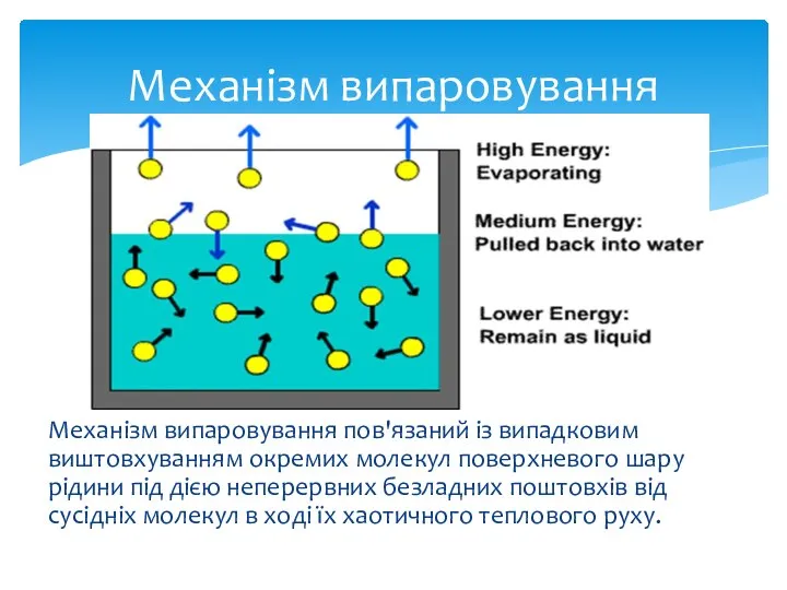Механізм випаровування пов'язаний із випадковим виштовхуванням окремих молекул поверхневого шару рідини