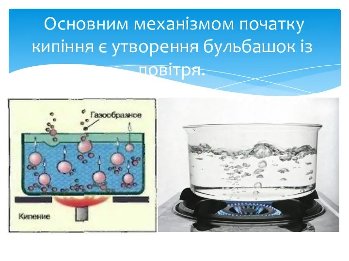 Основним механізмом початку кипіння є утворення бульбашок із повітря.