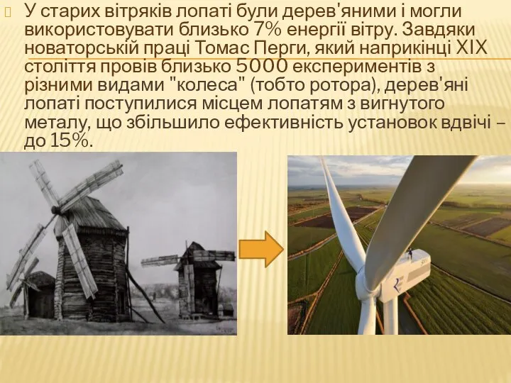 У старих вітряків лопаті були дерев'яними і могли використовувати близько 7%