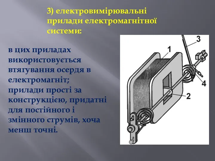 3) електровимірювальні прилади електромагнітної системи: в цих приладах використовується втягування осердя