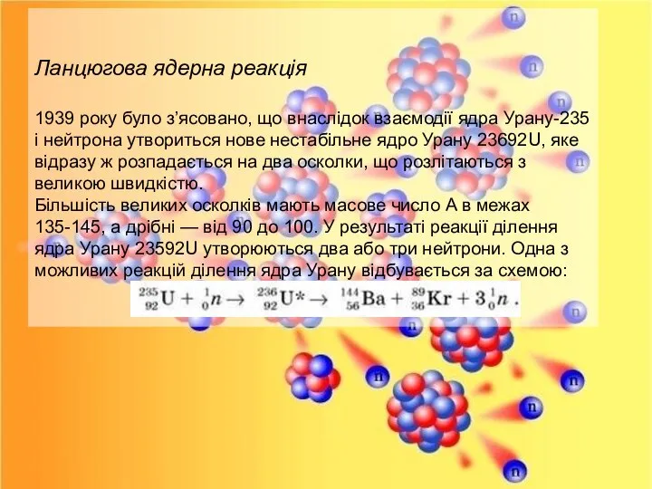 Ланцюгова ядерна реакція 1939 року було з’ясовано, що внаслідок взаємодії ядра