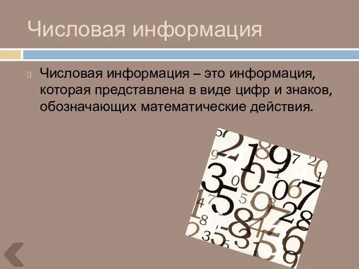 Числовая информация Числовая информация – это информация, которая представлена в виде