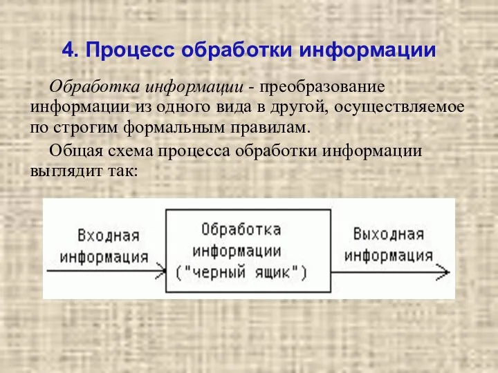 4. Процесс обработки информации Обработка информации - преобразование информации из одного