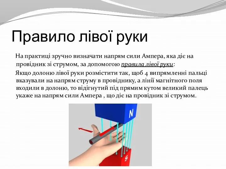 Правило лівої руки На практиці зручно визначати напрям сили Ампера, яка