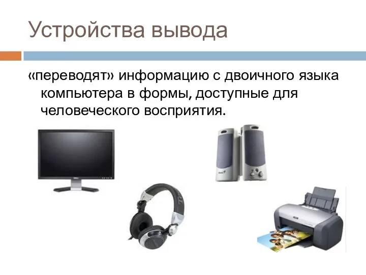 Устройства вывода «переводят» информацию с двоичного языка компьютера в формы, доступные для человеческого восприятия.