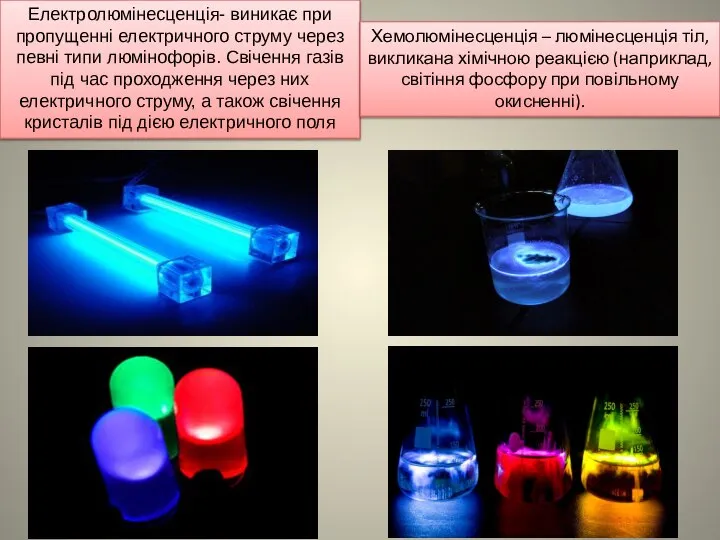Електролюмінесценція- виникає при пропущенні електричного струму через певні типи люмінофорів. Свічення