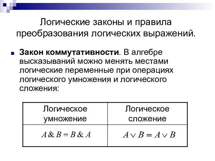 Логические законы и правила преобразования логических выражений. Закон коммутативности. В алгебре