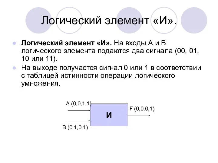 Логический элемент «И». Логический элемент «И». На входы А и В