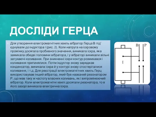 Досліди Герца Для утворення електромагнітних хвиль вібратор Герца В під’єднували до