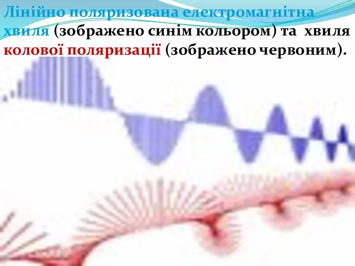 Лінійно поляризована електромагнітна хвиля (зображено синім кольором) та хвиля колової поляризації (зображено червоним).