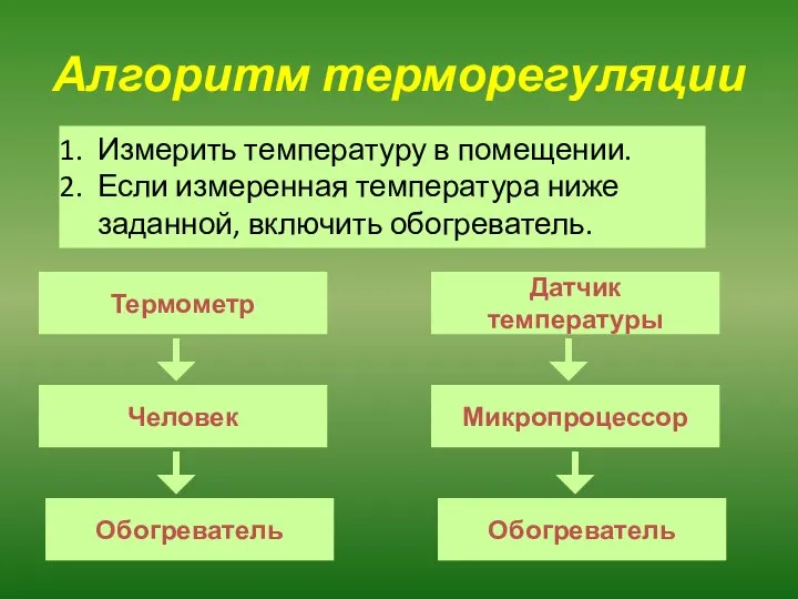 Алгоритм терморегуляции Термометр Обогреватель Микропроцессор Человек Датчик температуры Обогреватель Измерить температуру