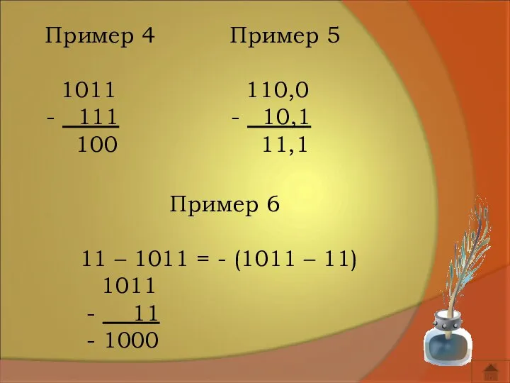 Пример 4 1011 - 111 100 Пример 5 110,0 - 10,1