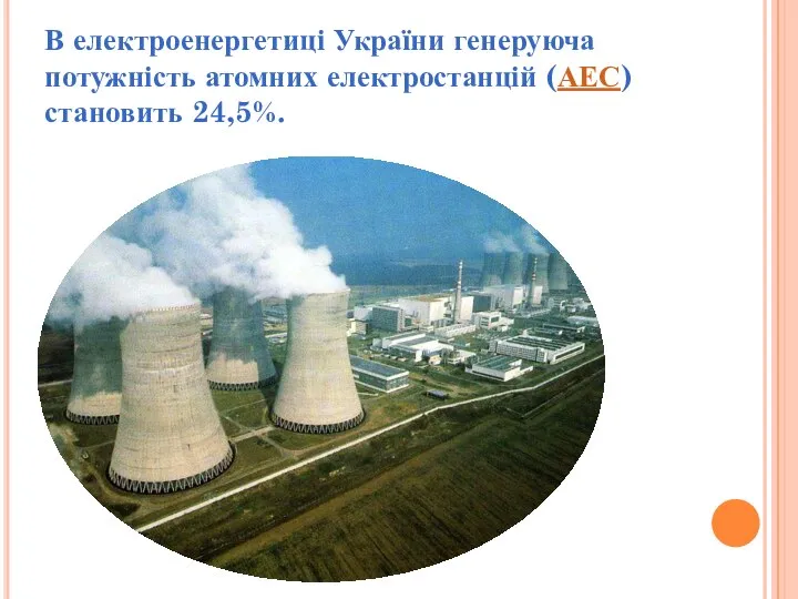 В електроенергетиці України генеруюча потужність атомних електростанцій (АЕС) становить 24,5%.