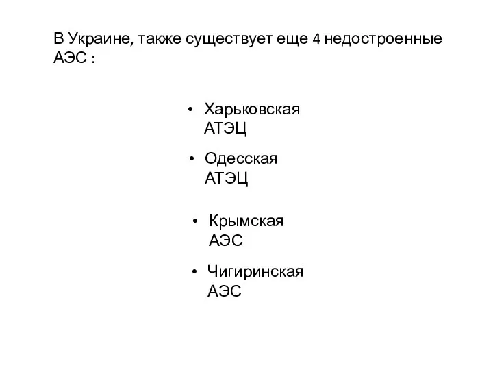 В Украине, также существует еще 4 недостроенные АЭС : Харьковская АТЭЦ