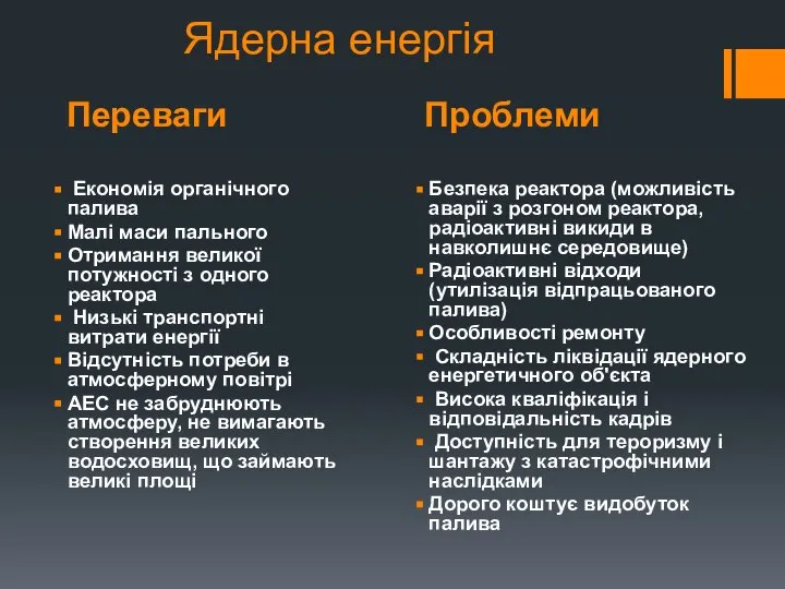 Переваги Проблеми Ядерна енергія Економія органічного палива Малі маси пального Отримання