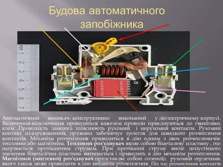 Будова автоматичного запобіжника Автоматичний вимикач- конструктивно виконаний у діелектричному корпусі. Включення-відключення