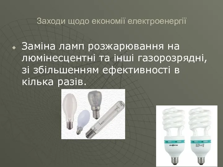 Заходи щодо економії електроенергії Заміна ламп розжарювання на люмінесцентні та інші