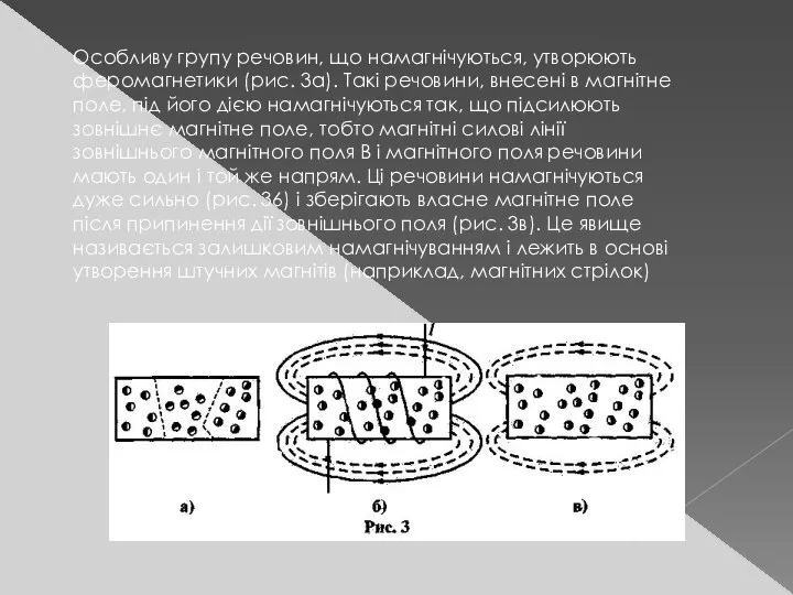 Особливу групу речовин, що намагнічуються, утворюють феромагнетики (рис. 3а). Такі речовини,