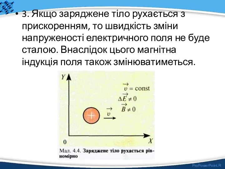 3. Якщо заряджене тіло рухається з прискоренням, то швидкість зміни напруженості