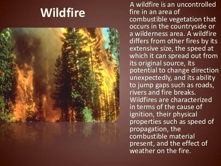 Wildfire A wildfire is an uncontrolled fire in an area of