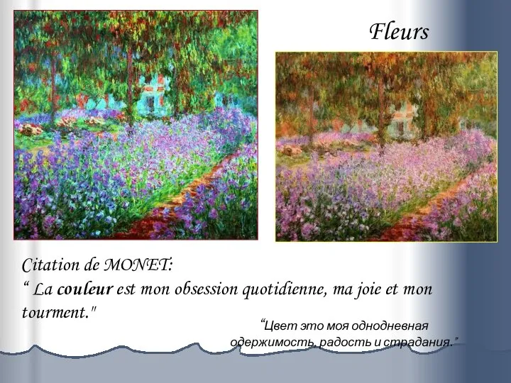 Fleurs Citation de MONET: “ La couleur est mon obsession quotidienne,