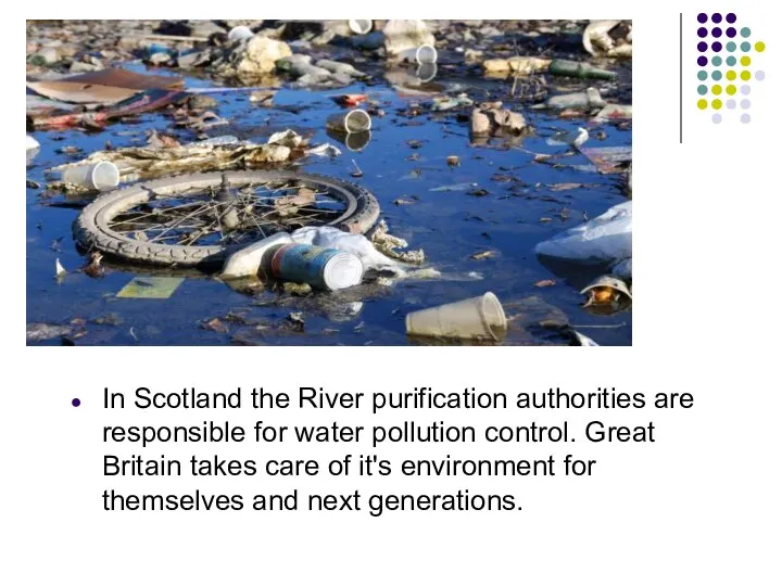 In Scotland the River purification authorities are responsible for water pollution