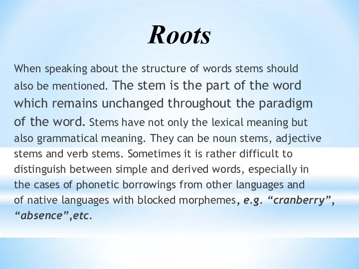 When speaking about the structure of words stems should also be