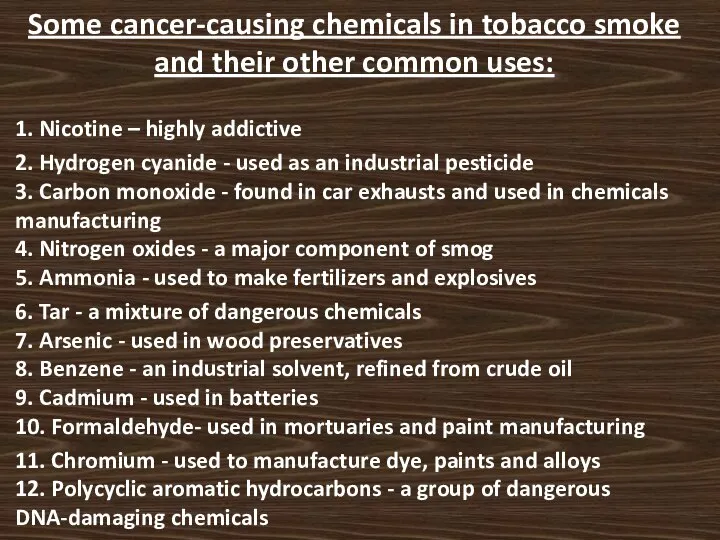 Some cancer-causing chemicals in tobacco smoke and their other common uses: