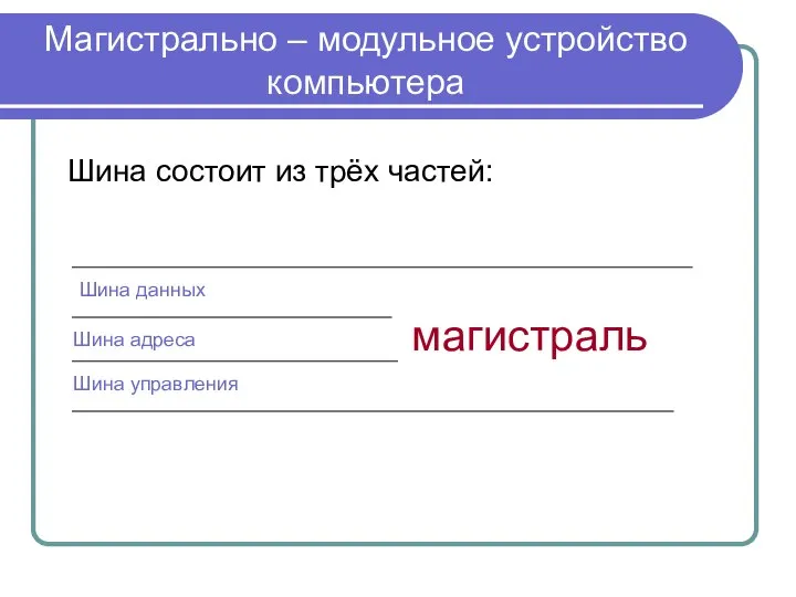 Магистрально – модульное устройство компьютера Шина состоит из трёх частей: Шина