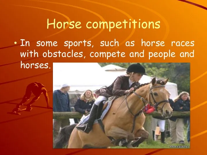 Horse competitions In some sports, such as horse races with obstacles, compete and people and horses.