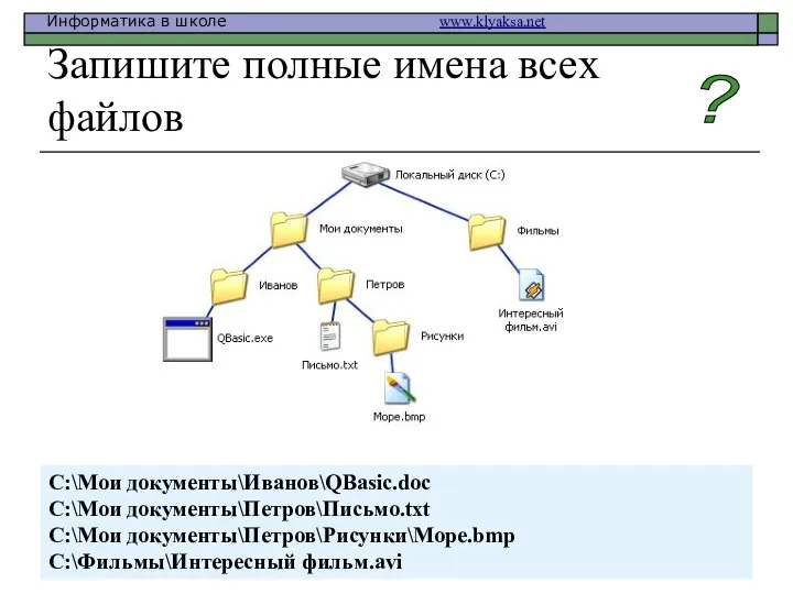 Запишите полные имена всех файлов C:\Мои документы\Иванов\QBasic.doc C:\Мои документы\Петров\Письмо.txt C:\Мои документы\Петров\Рисунки\Море.bmp C:\Фильмы\Интересный фильм.avi ?