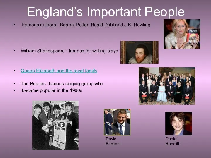 England’s Important People Famous authors - Beatrix Potter, Roald Dahl and