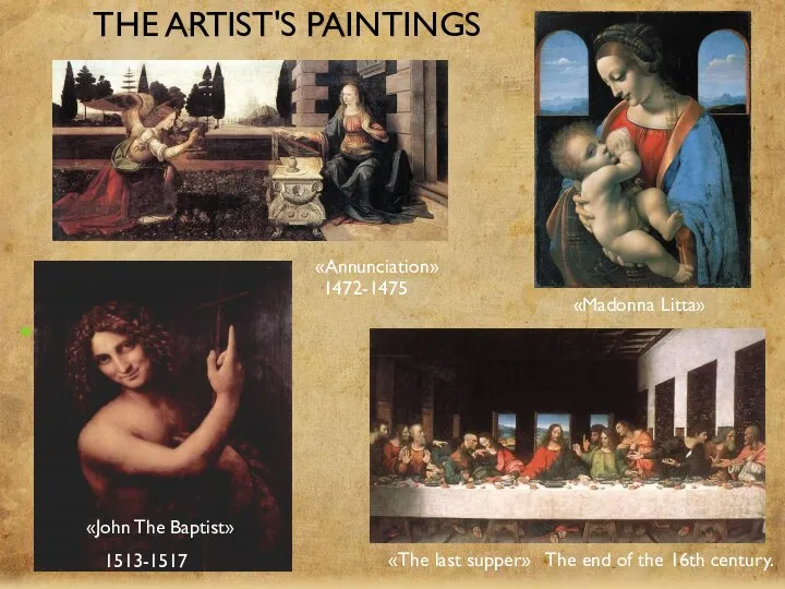 The artist's paintings Иоанн Креститель «The last supper» «Madonna Litta» «Annunciation»