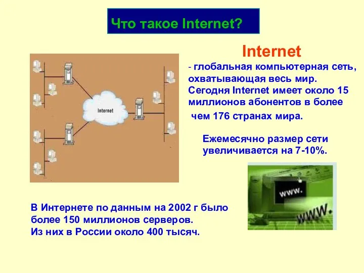 Internet - глобальная компьютерная сеть, охватывающая весь мир. В Интернете по