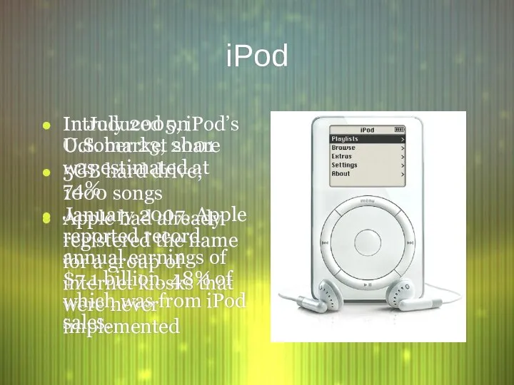 iPod Introduced on October 23, 2001 5GB hard drive; 1000 songs