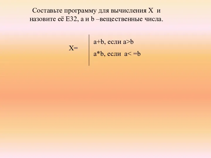 a+b, если a>b a*b, если a Составьте программу для вычисления X