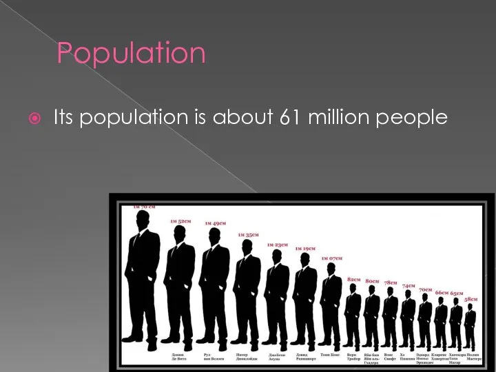 Population Its population is about 61 million people