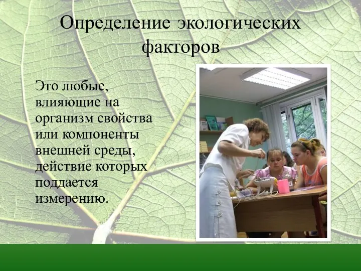 Определение экологических факторов Это любые, влияющие на организм свойства или компоненты