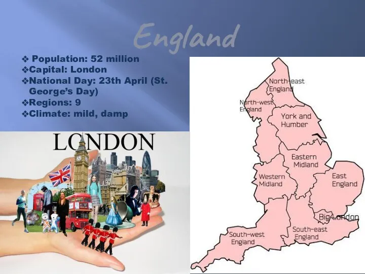 England Population: 52 million Capital: London National Day: 23th April (St.