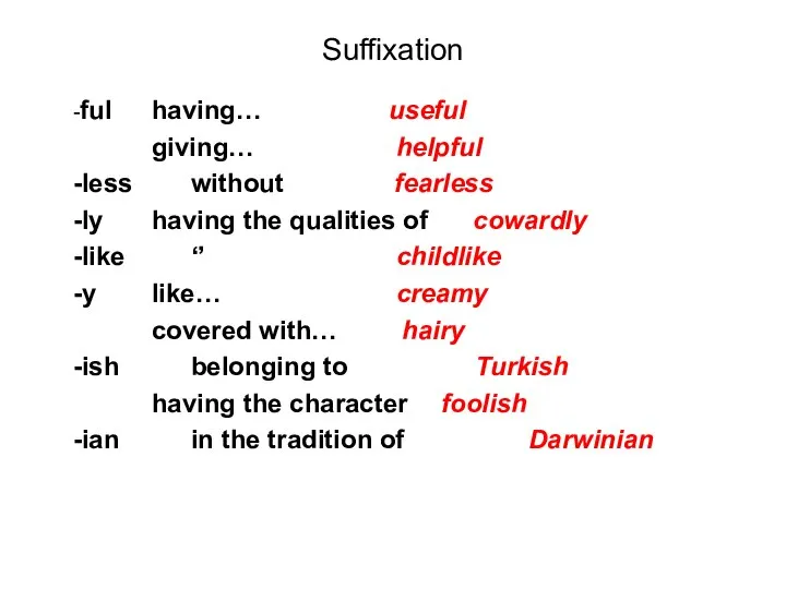 Suffixation -ful having… useful giving… helpful -less without fearless -ly having