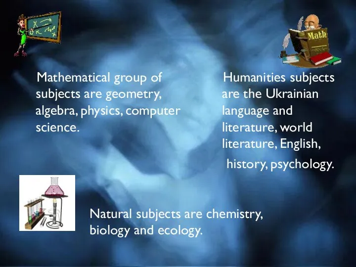 Mathematical group of subjects are geometry, algebra, physics, computer science. Humanities