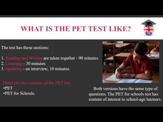 What is the PET test like? The test has these sections: