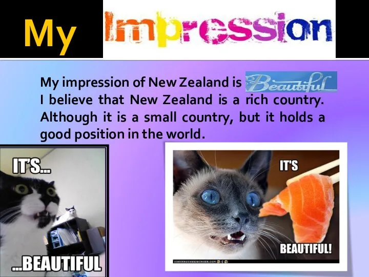 My My impression of New Zealand is beautiful. I believe that