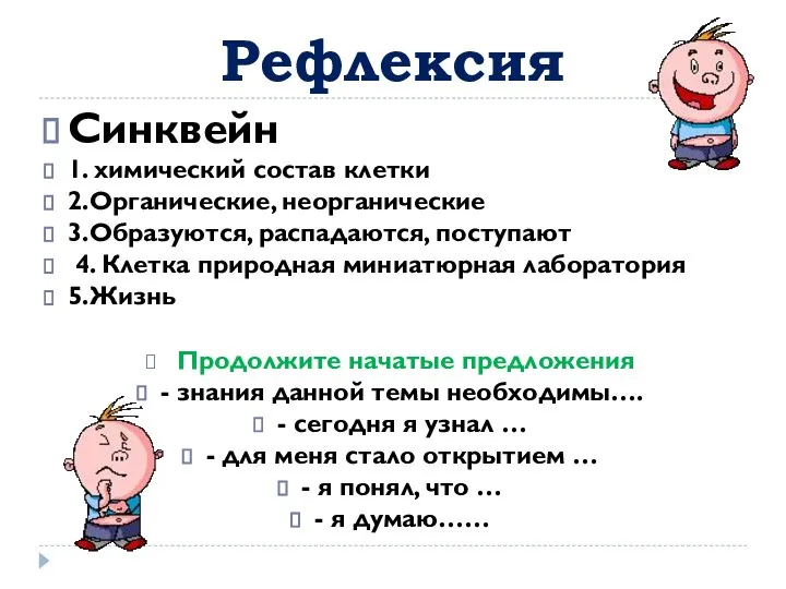 Рефлексия Синквейн 1. химический состав клетки 2.Органические, неорганические 3.Образуются, распадаются, поступают