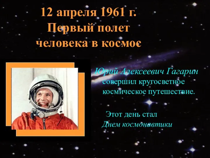 12 апреля 1961 г. Первый полет человека в космос Юрий Алексеевич