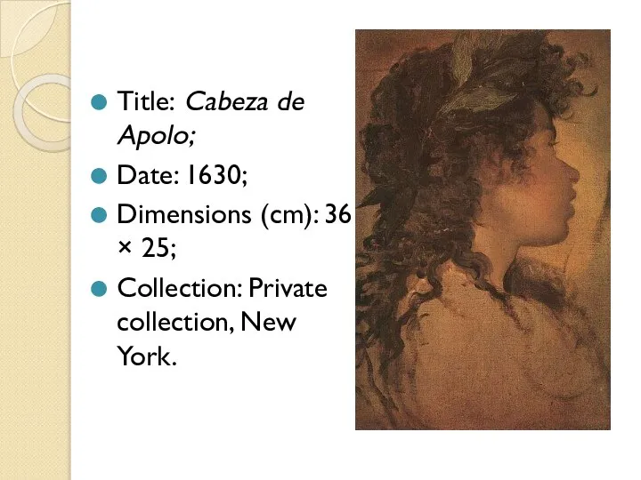 Title: Cabeza de Apolo; Date: 1630; Dimensions (cm): 36 × 25; Collection: Private collection, New York.