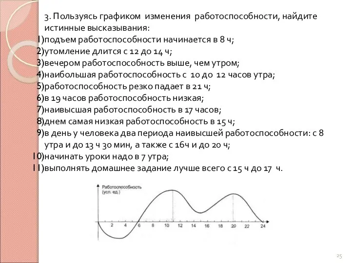 3. Пользуясь графиком изменения работоспособности, найдите истинные высказывания: подъем работоспособности начинается