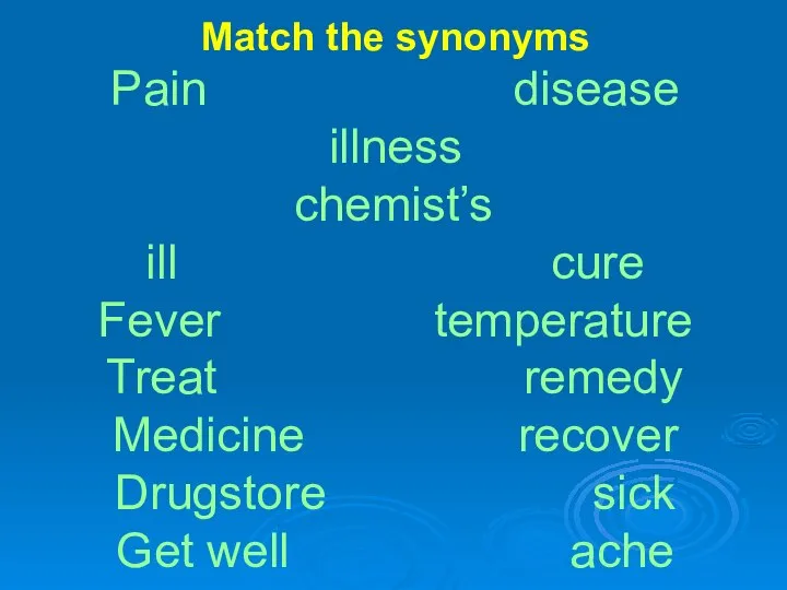 Match the synonyms Pain disease illness chemist’s ill cure Fever temperature