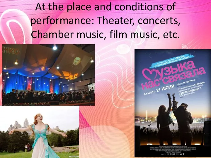 At the place and conditions of performance: Theater, concerts, Chamber music, film music, etc.