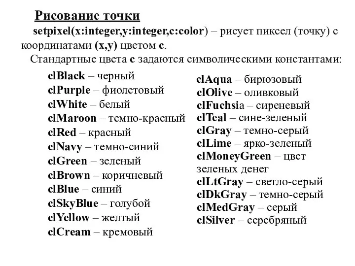 Рисование точки setpixel(x:integer,y:integer,c:color) – рисует пиксел (точку) с координатами (х,у) цветом